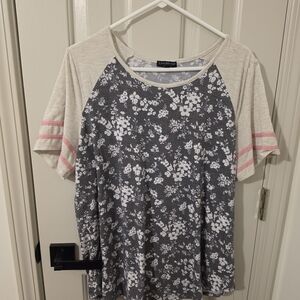 Lane Bryant Gray Floral Raglan Tee with Cream Sleeves & Pink Stripes